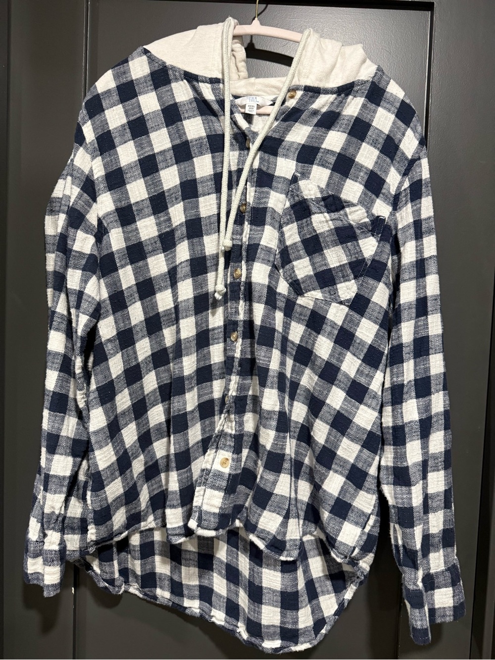 Time and Tru Navy and White Plaid Hooded Shirt - Cozy Button-Up
